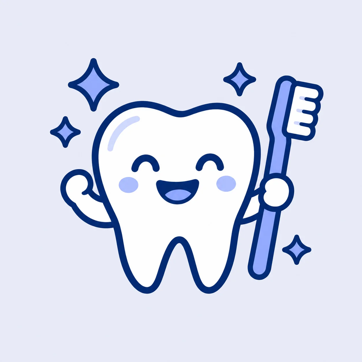 A happy tooth with a toothbrush and sparkles