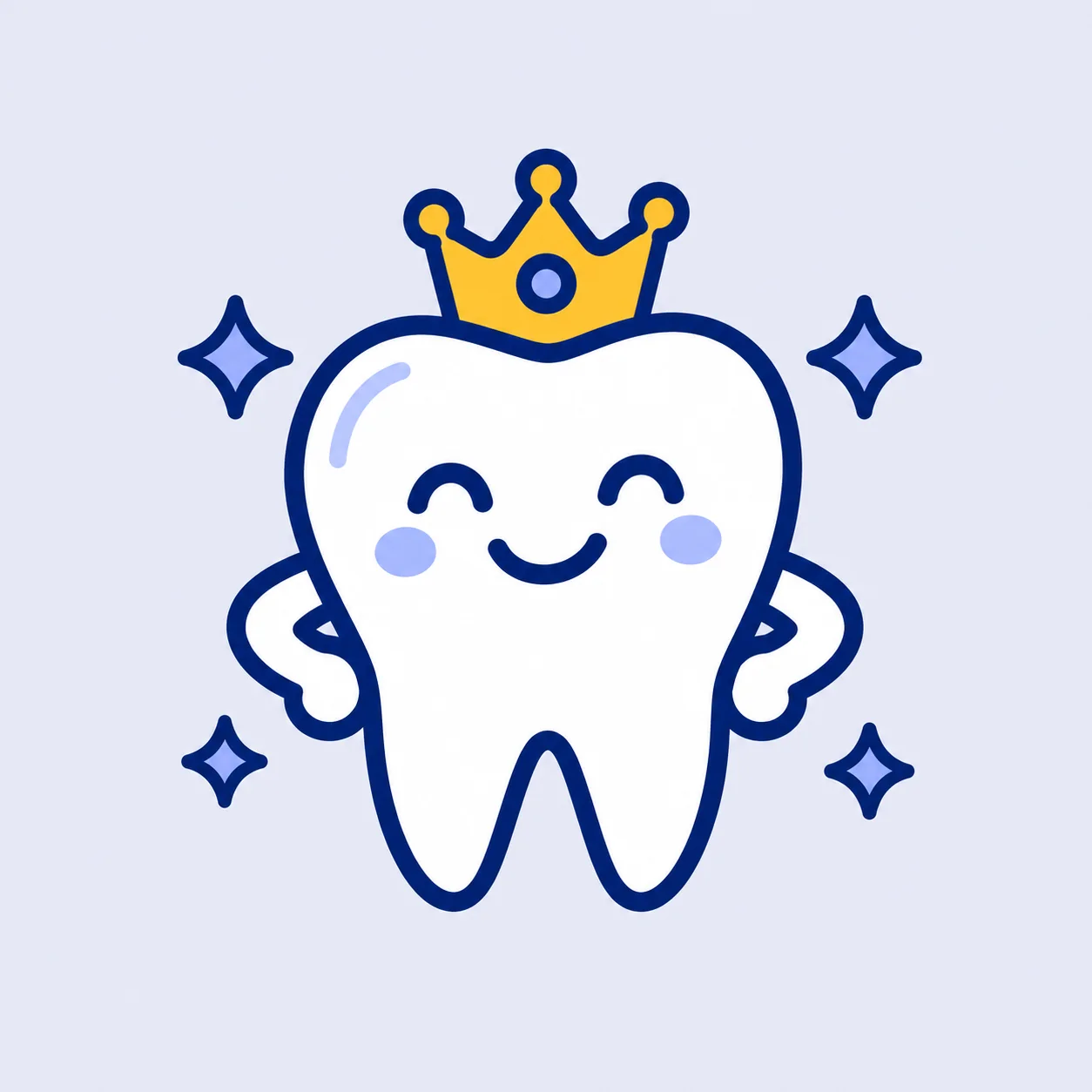 A happy tooth wearing a gold crown