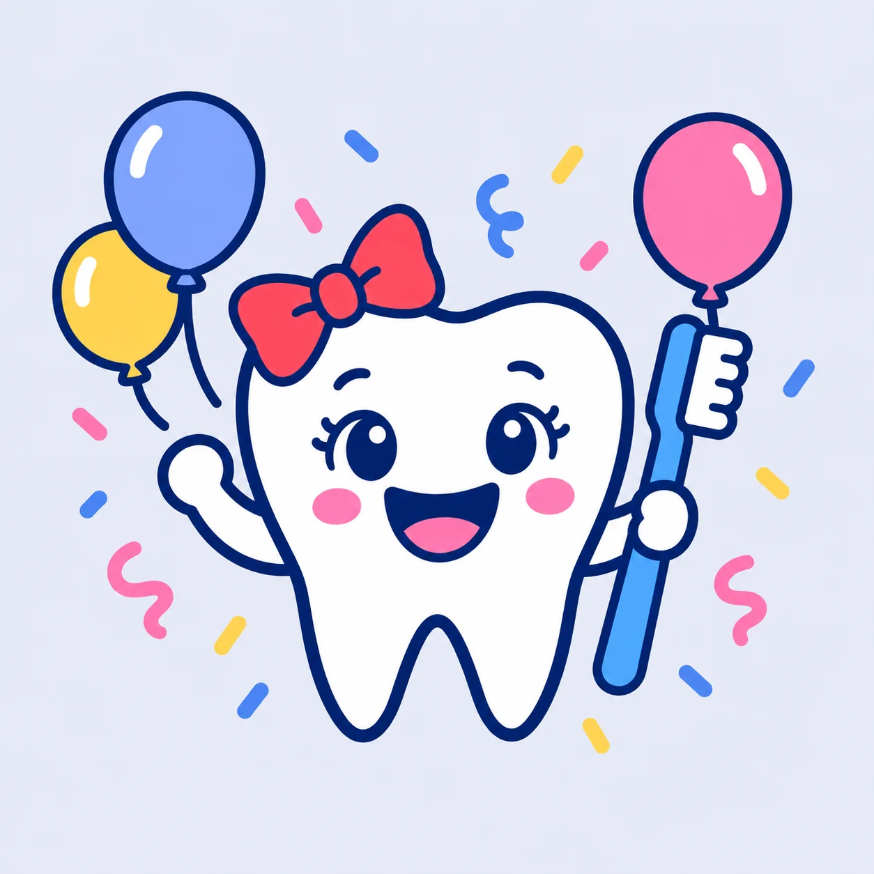 A cheerful tooth with a bow, balloons and a toothbrush